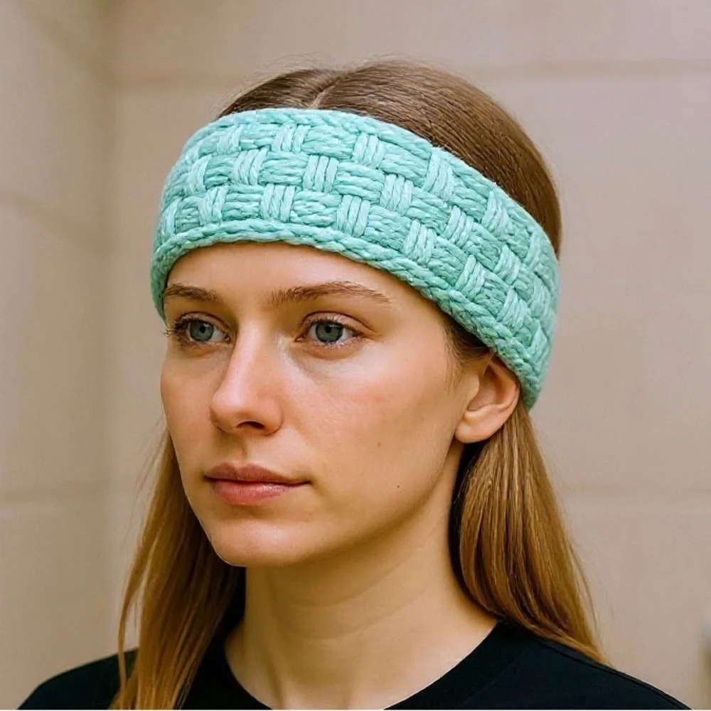Skincare Washcloth Headband Spa Set Hand Crafted Teal Mint Green Knit Cotton